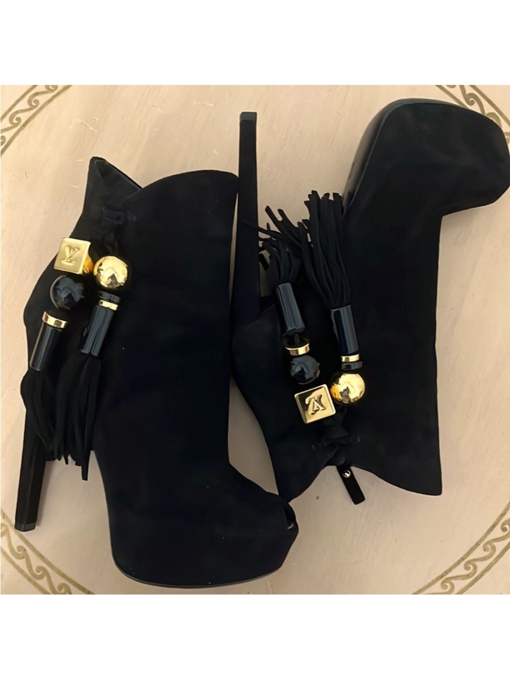 Louis Vuitton Black Suede Tassel Platform Ankle Boots